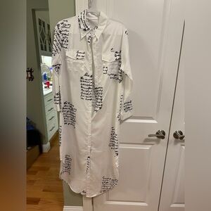 White Shirt Dress with Black Script Print Size M/L (not XL)